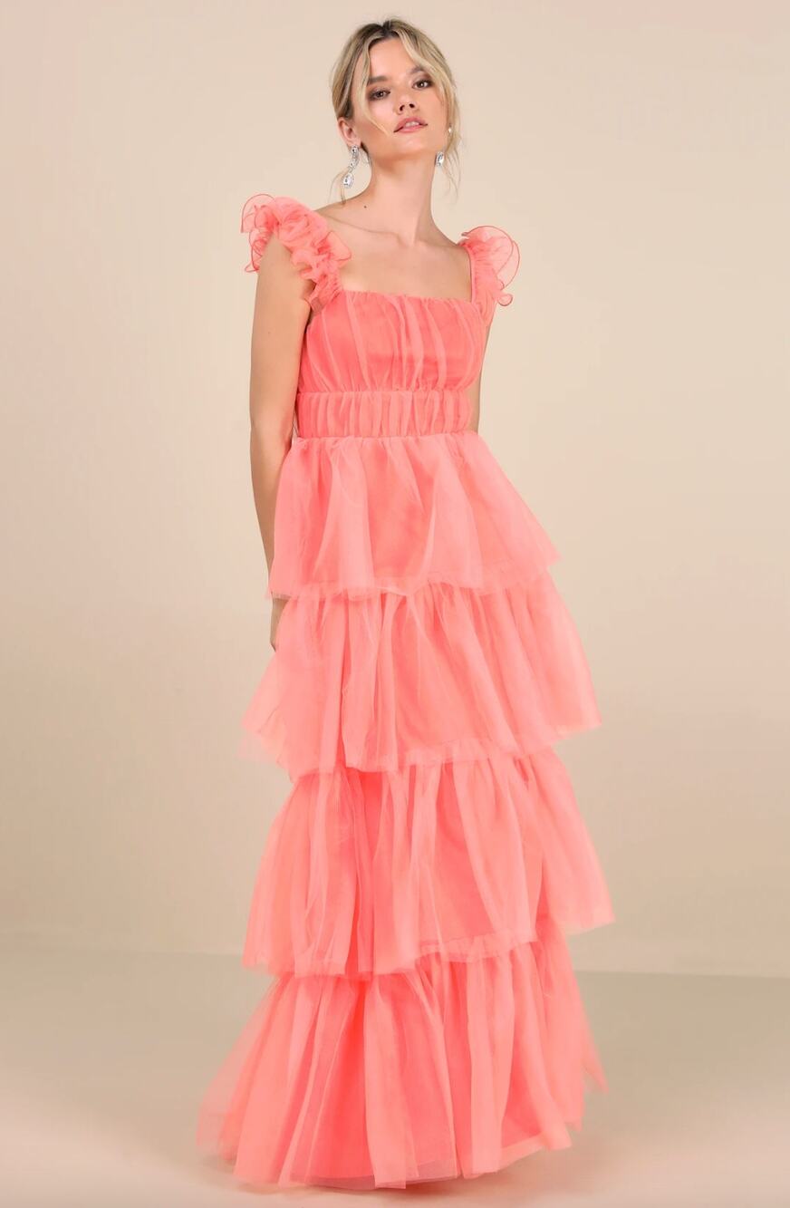 Lulus Tulle For Love Coral Pink Mesh Tulle Tiered Ruffled Maxi Dress Medium NWT